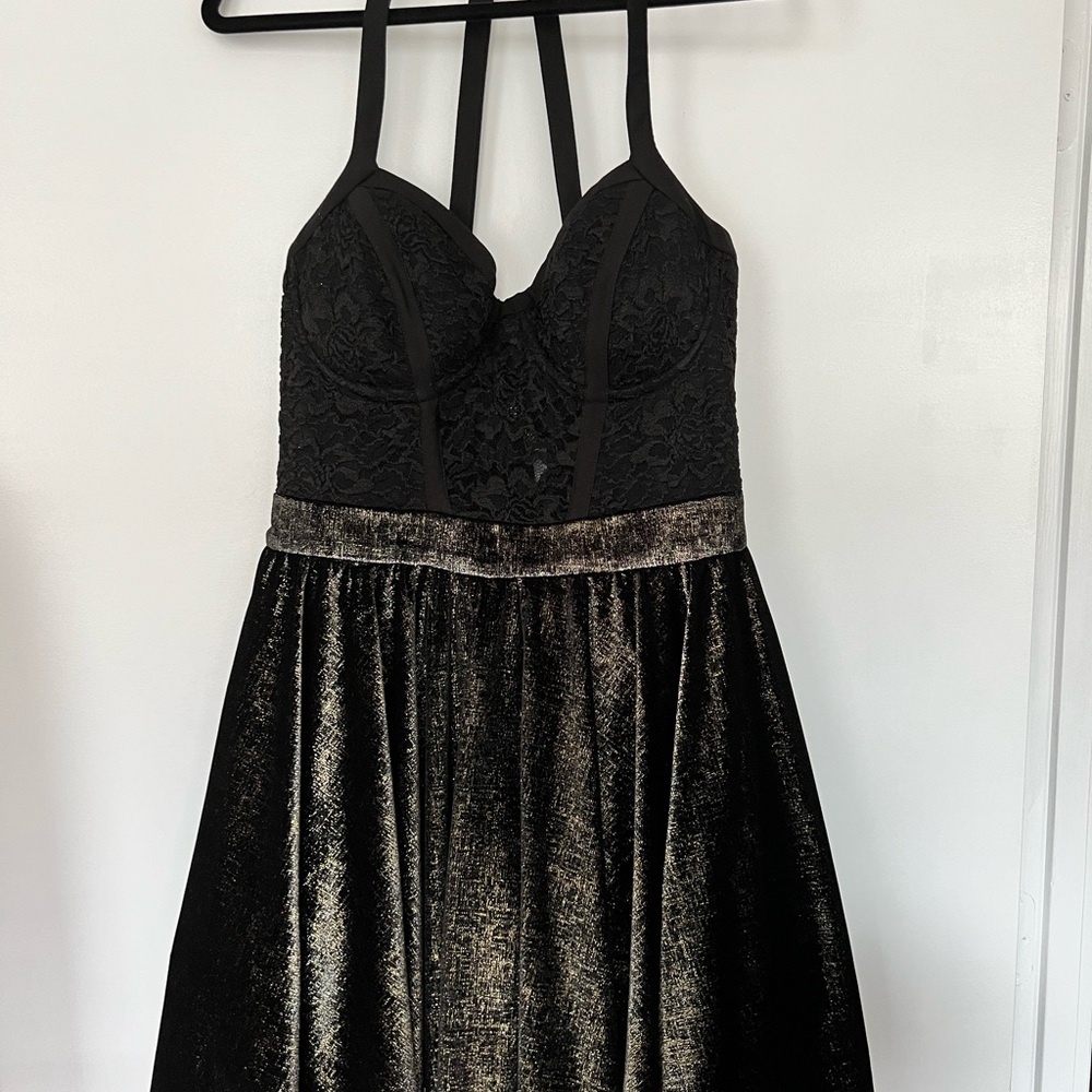 Elegant Black and Gold Velvet and Lace Dress